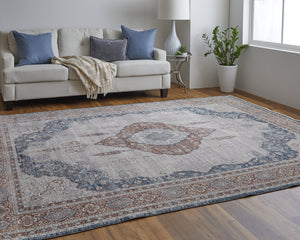 Feizy Rugs Marquette Medallion Rug – Elegant Power-loomed Design, Stain-resistant, Easy Care For High Traffic Areas Gray,Red,Blue Polyester,Acrylic Mrq39grfgrymltj00