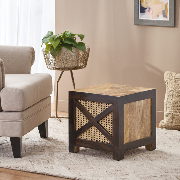 English Elm Christopher Knight Home® - 16" Mango Wood & Woven Rattan Stool — Handcrafted Boho Ottoman Side Table with Cane Wicker Accent, Durable 71750.00