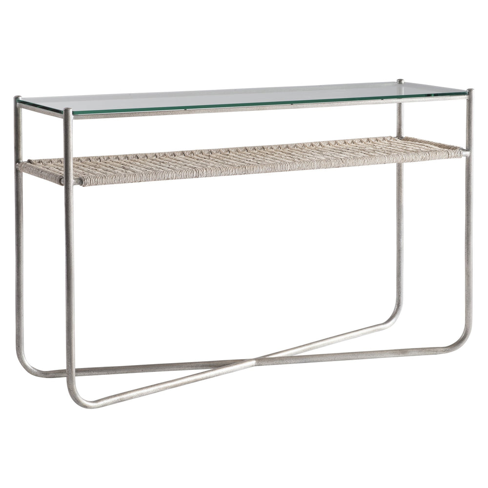 Bernhardt Bernhardt Modern Kendo Console Table With Tempered Glass Top, Woven Abaca Shelf, Graphite Frame 328910
