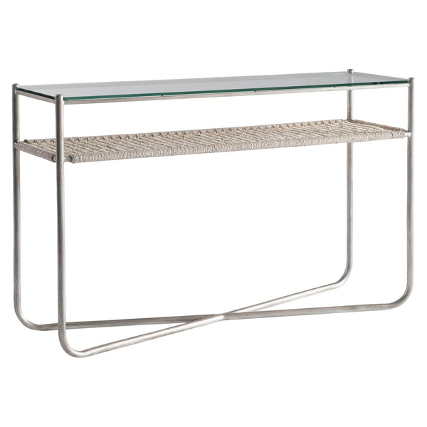 Bernhardt Bernhardt Modern Kendo Console Table With Tempered Glass Top, Woven Abaca Shelf, Graphite Frame 328910