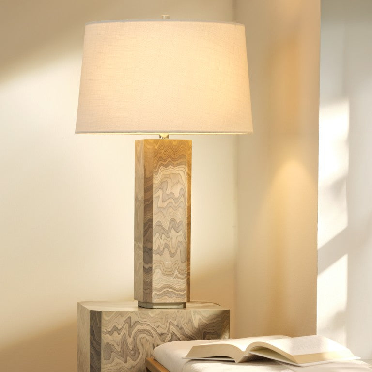 Jamie Young Co. Canyon Handcrafted Wood Veneer Table Lamp In Sand Grey With White Linen Shade, Nickel Accents, 17"H 1CANY-TLGR