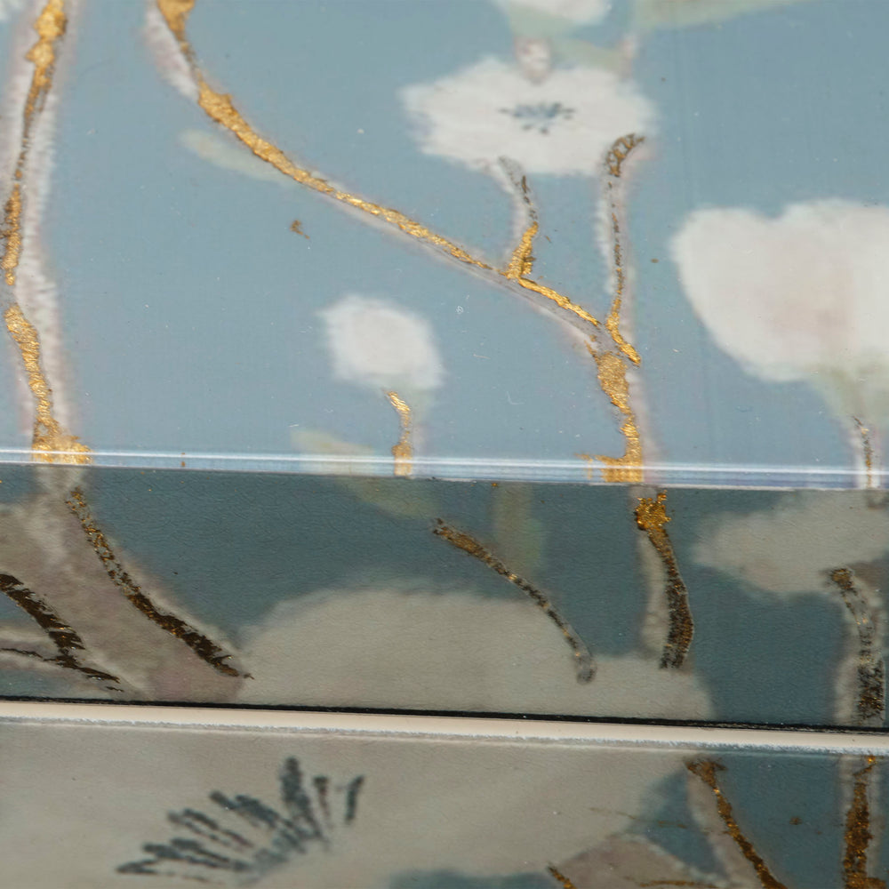 Jamie Young Co. Bouquet Slate-Blue Lacquered Jewelry Box With White Cherry Blossoms And Silver-Leaf Accents – Elegant Storage 7BOUQ-BXBL