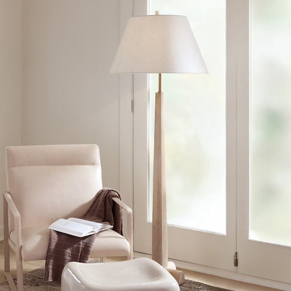 Jamie Young Co. Charleston White Washed Mango Wood Floor Lamp With Brass Neck, Off-White Linen Shade, 54"H 1CHAR-FLWW