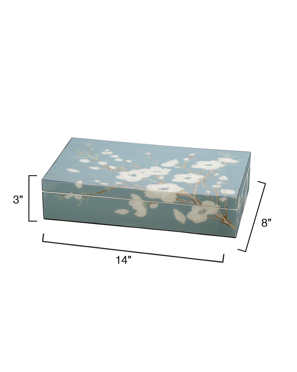 Jamie Young Co. Bouquet Slate-Blue Lacquered Jewelry Box With White Cherry Blossoms And Silver-Leaf Accents – Elegant Storage 7BOUQ-BXBL