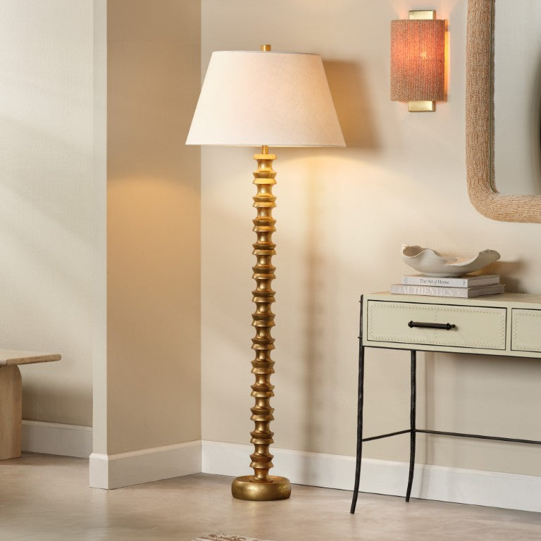 Jamie Young Co. Melrose Gold Leaf Metal Floor Lamp With Off-White Linen Shade, 57" Tall Glamorous Ambient Light 1MELR-FLGO