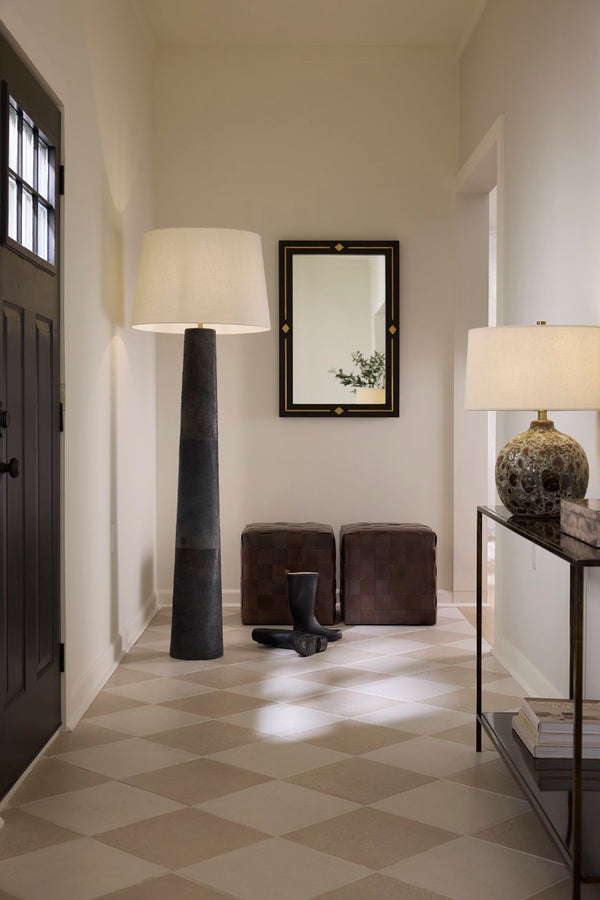 Jamie Young Co. Robertson Hide Floor Lamp With Italian Hair-On-Hide Base And Off-White Linen Shade, 56"H Ambient Lighting 72"H x 24"W x 24"D 1ROBE-FLSL