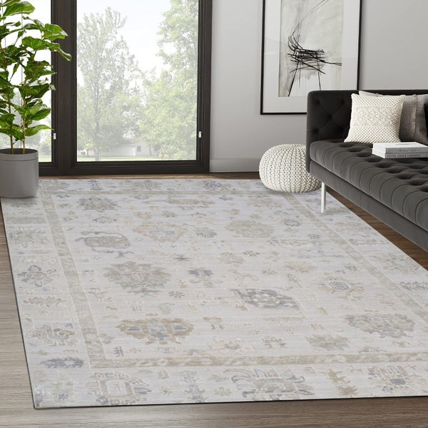 Pasargad Pasargad Hand-Knotted Oushak Wool Rug in Beige Cream — Plush, Durable Geometric Elegance for Home 8' 3'' X 10' 2'' DOU-15 8x10