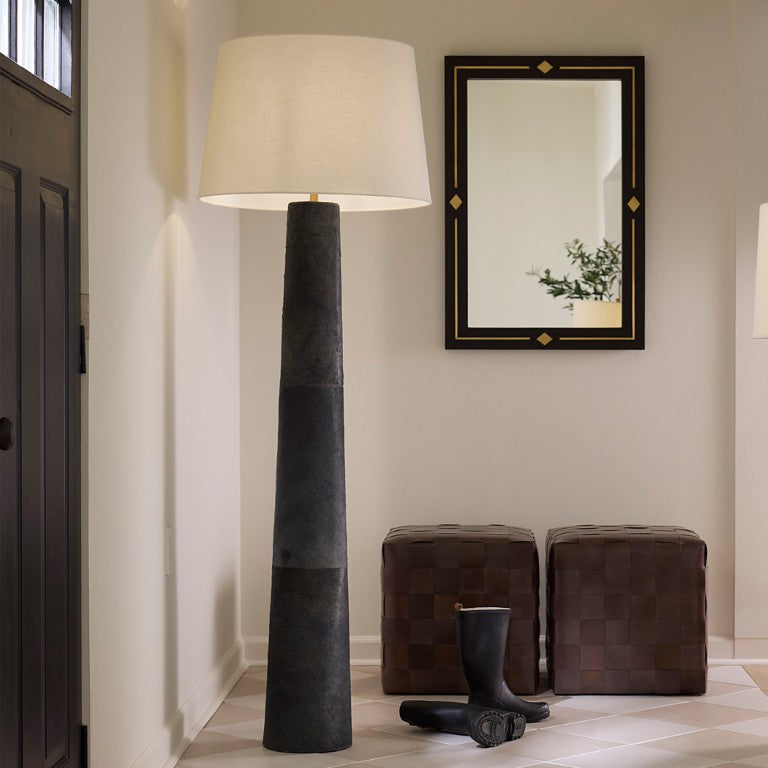 Jamie Young Co. Robertson Hide Floor Lamp With Italian Hair-On-Hide Base And Off-White Linen Shade, 56"H Ambient Lighting 72"H x 24"W x 24"D 1ROBE-FLSL