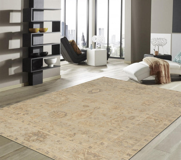 Pasargad Pasargad Hand-Knotted Oushak Blue Wool Rug — Plush, Geometric Vintage Dyeing for Timeless Elegance 10' 2'' X 14' 0'' DOU-89 10x14