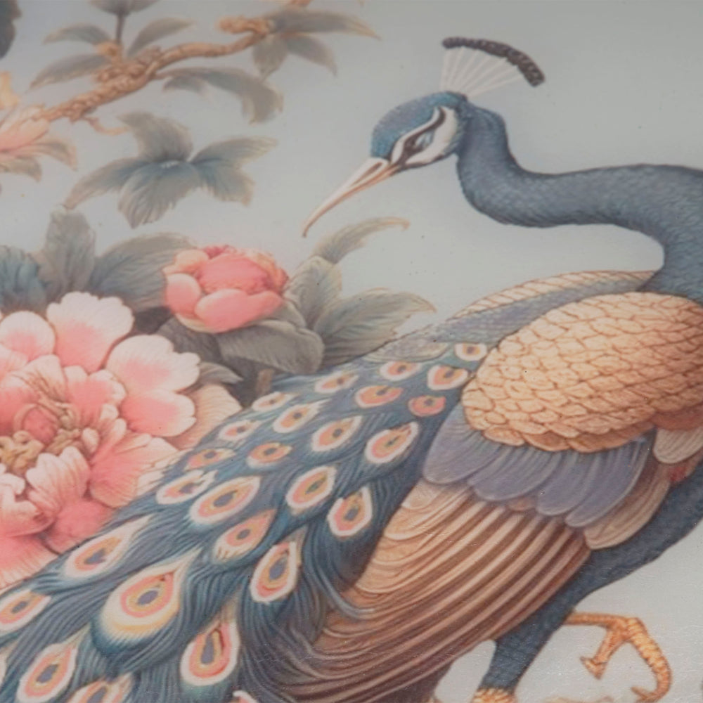 Jamie Young Co. Mural Sky-Blue Lacquered Jewelry Box With Peacock & Floral Motif, Gloss Finish, Felt Base, 11"W 7MURA-BXBL