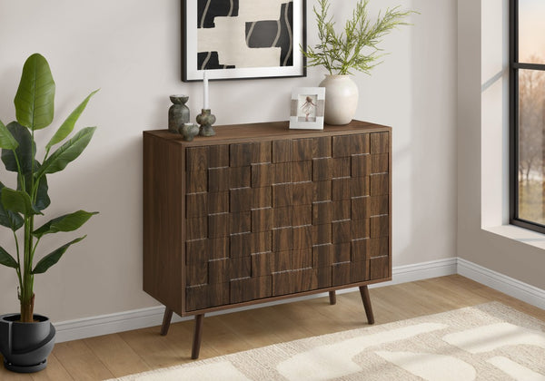 Monarch Specialties Accent Mid-Century Accent Chest With Checkerboard Doors, Solid Wood Legs, Buffet Console Storage, Compact Design WALNUT I 2789