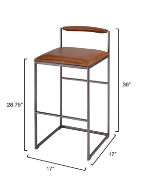 Jamie Young Co. Bradbury Leather Bar Stool With Full-Grain Saddle Seat, Hand-Forged Iron Frame, Footrest Comfort 36"H x 17"W x 17"D 20BRAD-BSSA