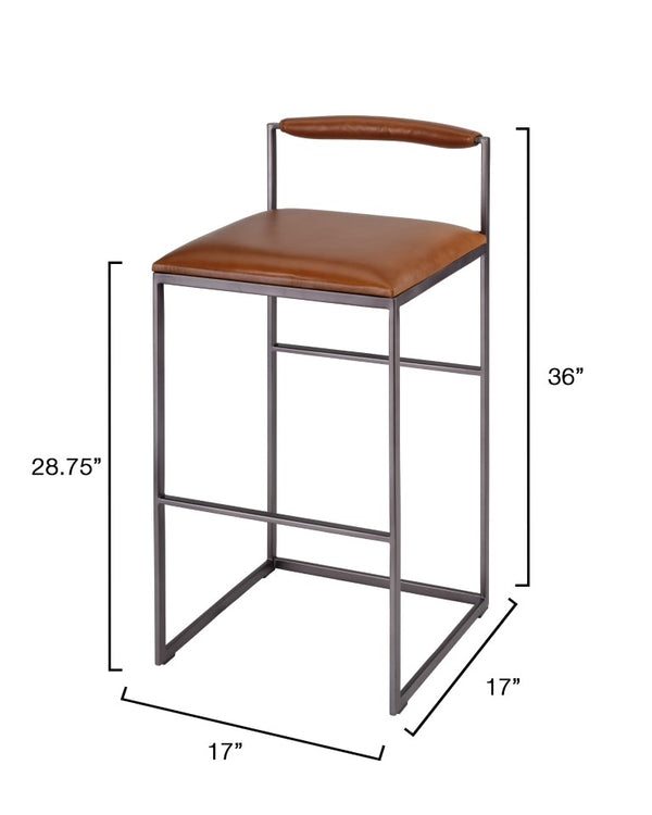 Jamie Young Co. Bradbury Leather Bar Stool With Full-Grain Saddle Seat, Hand-Forged Iron Frame, Footrest Comfort 36"H x 17"W x 17"D 20BRAD-BSSA
