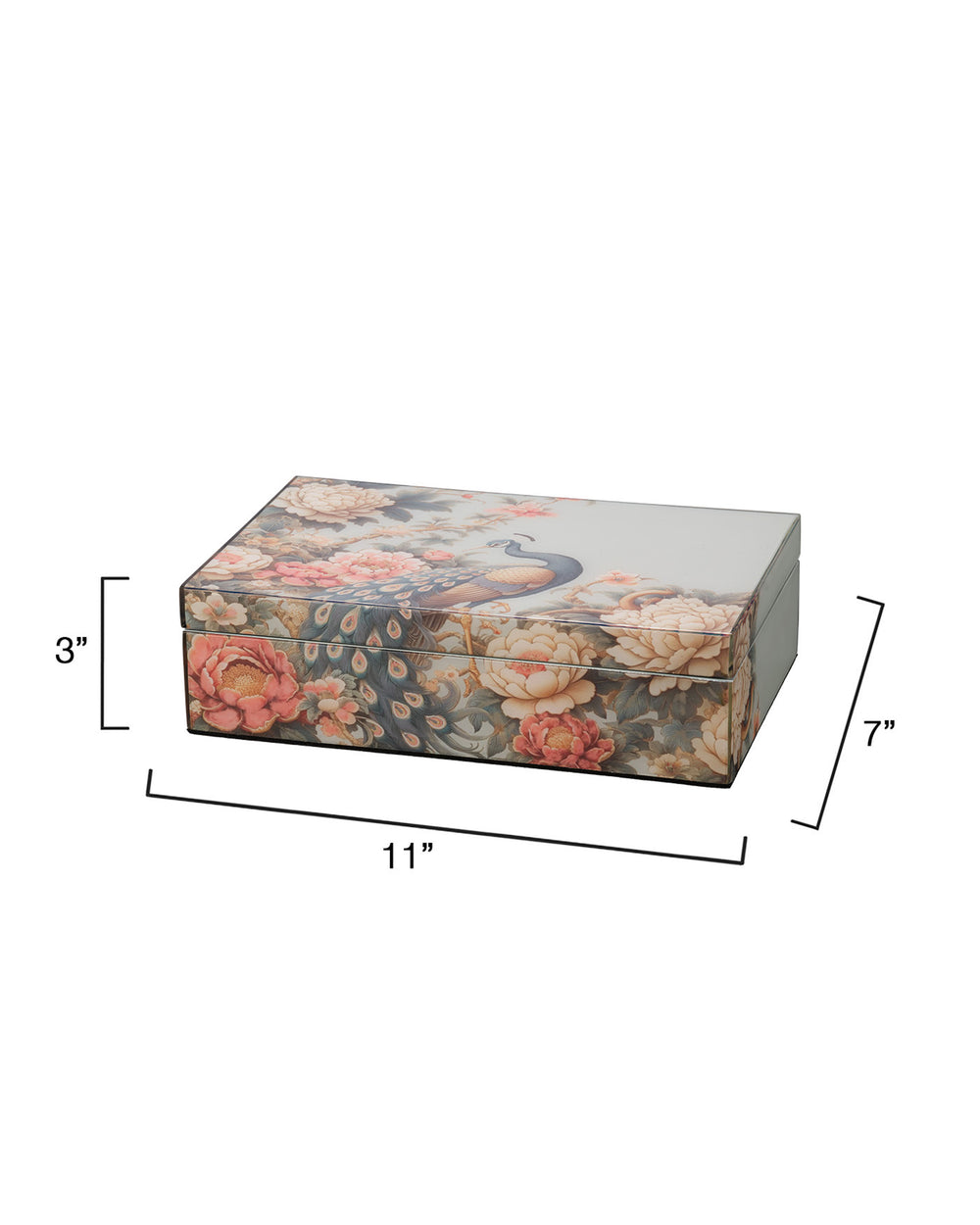 Jamie Young Co. Mural Sky-Blue Lacquered Jewelry Box With Peacock & Floral Motif, Gloss Finish, Felt Base, 11"W 7MURA-BXBL