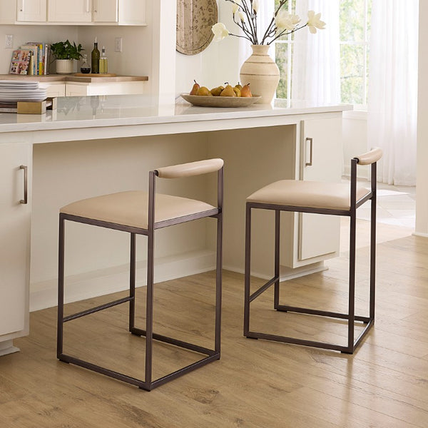 Jamie Young Co. Bradbury Leather Bar Stool With Full-Grain Cream Upholstery, Hand-Forged Iron Frame, Luxe Comfort 30"H x 17"W x 17"D 20BRAD-CSCR