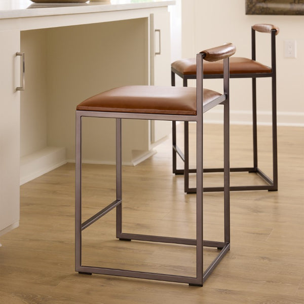 Jamie Young Co. Bradbury Leather Bar Stool With Full-Grain Saddle Seat, Hand-Forged Iron Frame, Footrest Comfort 30"H x 17"W x 17"D 20BRAD-CSSA