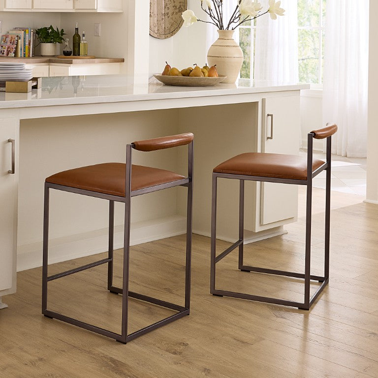 Jamie Young Co. Bradbury Leather Bar Stool With Full-Grain Saddle Seat, Hand-Forged Iron Frame, Footrest Comfort 30"H x 17"W x 17"D 20BRAD-CSSA