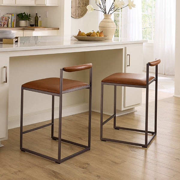 Jamie Young Co. Bradbury Leather Bar Stool With Full-Grain Saddle Seat, Hand-Forged Iron Frame, Footrest Comfort 30"H x 17"W x 17"D 20BRAD-CSSA