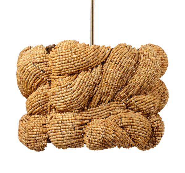 Jamie Young Co. Small Anguilla Chandelier Handcrafted With Mango Wood Beads, Antique Brass Accents, Warm Coastal Glow Ideal For Dining Spaces 17.5"H x 25"W x 25"D 5ANGU-SMNA