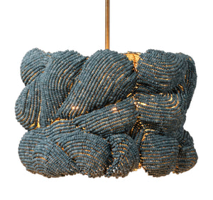 Jamie Young Co. Small Anguilla Hand-Carved Blue Mango Wood Bead Chandelier With Antique Brass Frame, Dimmer Ready 17.5"H x 25"W x 25"D 5ANGU-SMBL