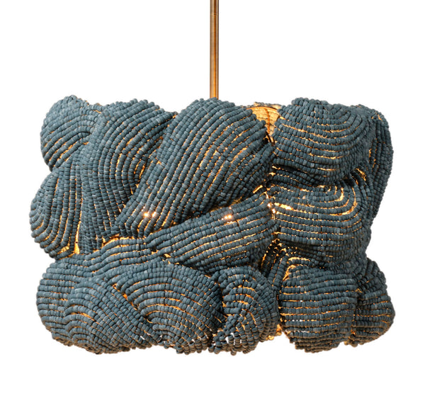 Jamie Young Co. Small Anguilla Hand-Carved Blue Mango Wood Bead Chandelier With Antique Brass Frame, Dimmer Ready 17.5"H x 25"W x 25"D 5ANGU-SMBL
