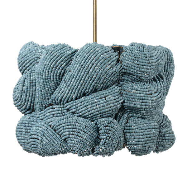 Jamie Young Co. Small Anguilla Hand-Carved Blue Mango Wood Bead Chandelier With Antique Brass Frame, Dimmer Ready 17.5"H x 25"W x 25"D 5ANGU-SMBL