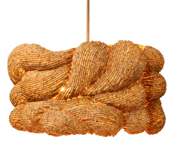 Jamie Young Co. Small Anguilla Chandelier Handcrafted With Mango Wood Beads, Antique Brass Accents, Warm Coastal Glow Ideal For Dining Spaces 22"H x 36"W x 36"D 5ANGU-LGNA