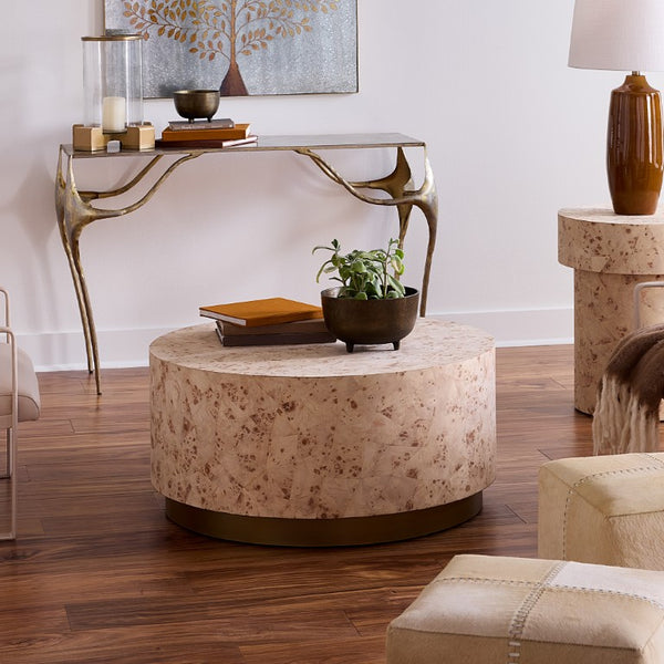 Jamie Young Co. Configuration Burl Coffee Table With Bleached Mosaic Veneer, Hollow Base, Timeless Coastal-Eclectic Charm 16.5"H x 36"W x 36"D 20CONF-CTBB