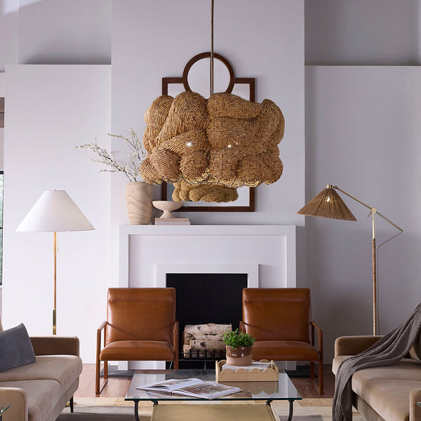 Jamie Young Co. Small Anguilla Chandelier Handcrafted With Mango Wood Beads, Antique Brass Accents, Warm Coastal Glow Ideal For Dining Spaces 22"H x 36"W x 36"D 5ANGU-LGNA