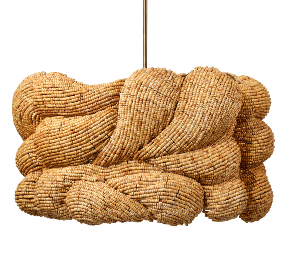 Jamie Young Co. Small Anguilla Chandelier Handcrafted With Mango Wood Beads, Antique Brass Accents, Warm Coastal Glow Ideal For Dining Spaces 22"H x 36"W x 36"D 5ANGU-LGNA