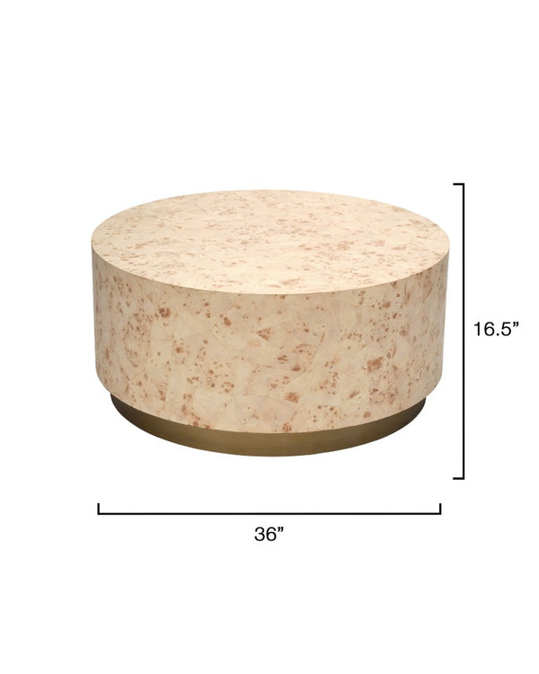 Jamie Young Co. Configuration Burl Coffee Table With Bleached Mosaic Veneer, Hollow Base, Timeless Coastal-Eclectic Charm 16.5"H x 36"W x 36"D 20CONF-CTBB