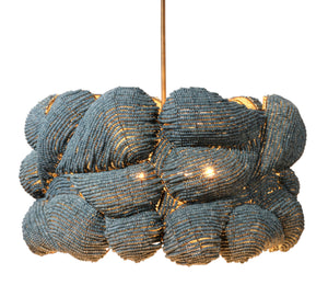 Jamie Young Co. Small Anguilla Hand-Carved Blue Mango Wood Bead Chandelier With Antique Brass Frame, Dimmer Ready 22"H x 36"W x 36"D 5ANGU-LGBL