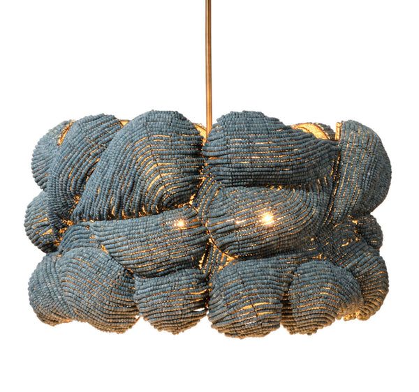 Jamie Young Co. Small Anguilla Hand-Carved Blue Mango Wood Bead Chandelier With Antique Brass Frame, Dimmer Ready 22"H x 36"W x 36"D 5ANGU-LGBL