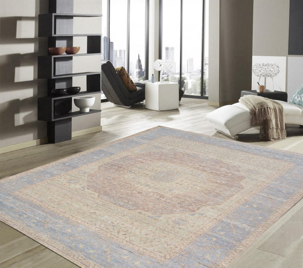 Pasargad Pasargad Hand-Knotted Oushak Wool Rug in Rust & Light Blue — Durable, Soft Pile with Timeless Geometric Charm 9' 0'' X 11'10'' PAJ-254A 9x12