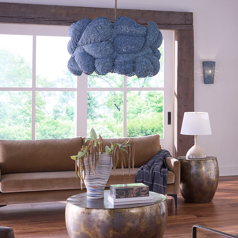 Jamie Young Co. Small Anguilla Hand-Carved Blue Mango Wood Bead Chandelier With Antique Brass Frame, Dimmer Ready 22"H x 36"W x 36"D 5ANGU-LGBL