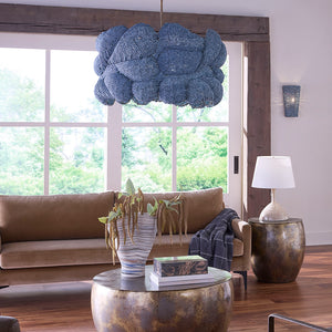 Jamie Young Co. Small Anguilla Hand-Carved Blue Mango Wood Bead Chandelier With Antique Brass Frame, Dimmer Ready 22"H x 36"W x 36"D 5ANGU-LGBL
