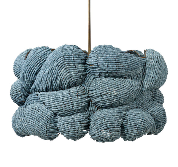 Jamie Young Co. Small Anguilla Hand-Carved Blue Mango Wood Bead Chandelier With Antique Brass Frame, Dimmer Ready 22"H x 36"W x 36"D 5ANGU-LGBL