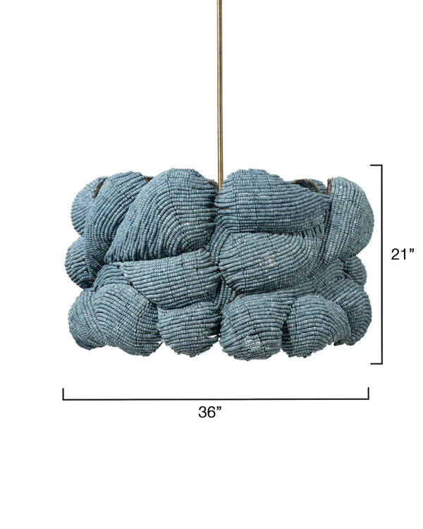 Jamie Young Co. Small Anguilla Hand-Carved Blue Mango Wood Bead Chandelier With Antique Brass Frame, Dimmer Ready 22"H x 36"W x 36"D 5ANGU-LGBL