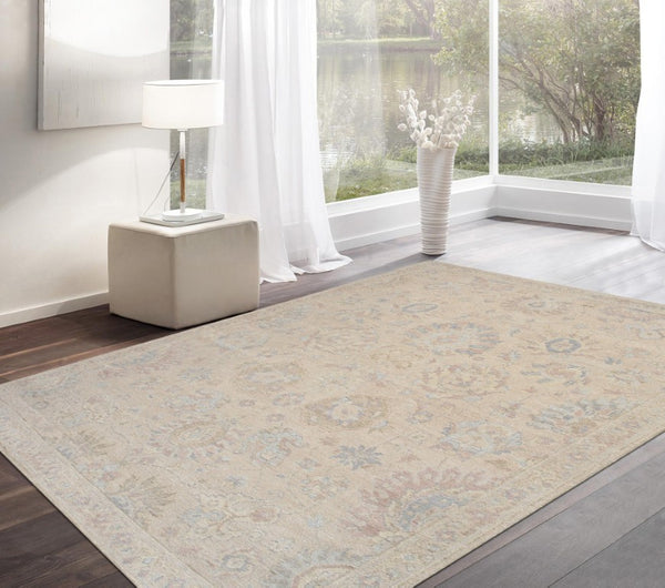Pasargad Pasargad Hand-Knotted Oushak Wool Rug in Neutral Beige — Durable, Soft Pile with Subtle Geometric Motif 10' 1'' X 13'11'' PAJ-410 10x14