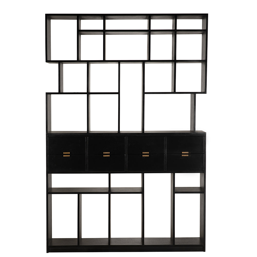 Grobius Solid Mahogany Tall Bookcase with Brass Pulls Artisan Patina for Study or Living Room