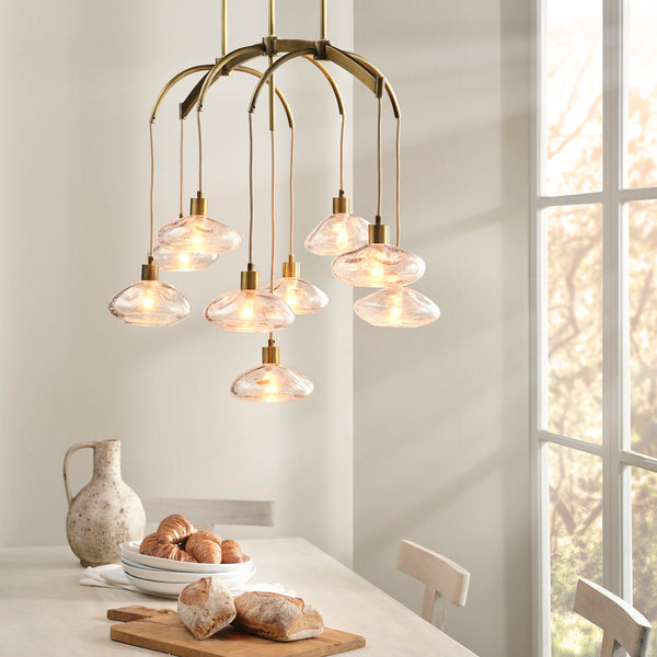 Jamie Young Co. Reservoir Antique Brass Chandelier With 9 Hand-Blown Seeded Glass Shades, Modern Sculptural Glow 5RESE-CHCL