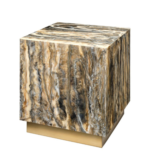 Jamie Young Co. Cube Dripped Resin Side Table With Marbled Brown Finish And Antique Brass Base, Handmade Accent Piece 21"H x 18"W x 18"D 20CUBE-STDR