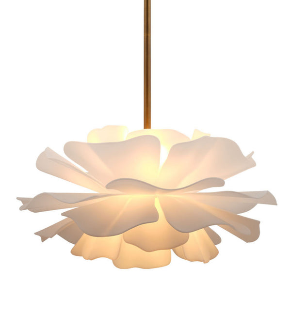 Jamie Young Co. Zinnia Frosted Acrylic Chandelier With Antiqued Brass Accents — Sculptural Petal Design, Dimmer Ready 18"H x 22"W x 22"D 5ZINN-CHSM