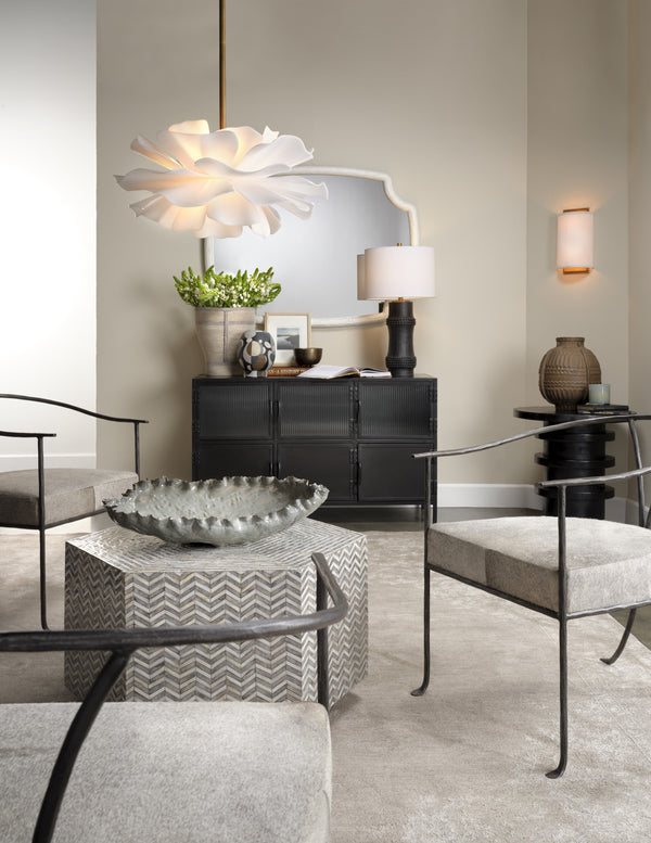 Jamie Young Co. Zinnia Frosted Acrylic Chandelier With Antiqued Brass Accents — Sculptural Petal Design, Dimmer Ready 18"H x 22"W x 22"D 5ZINN-CHSM
