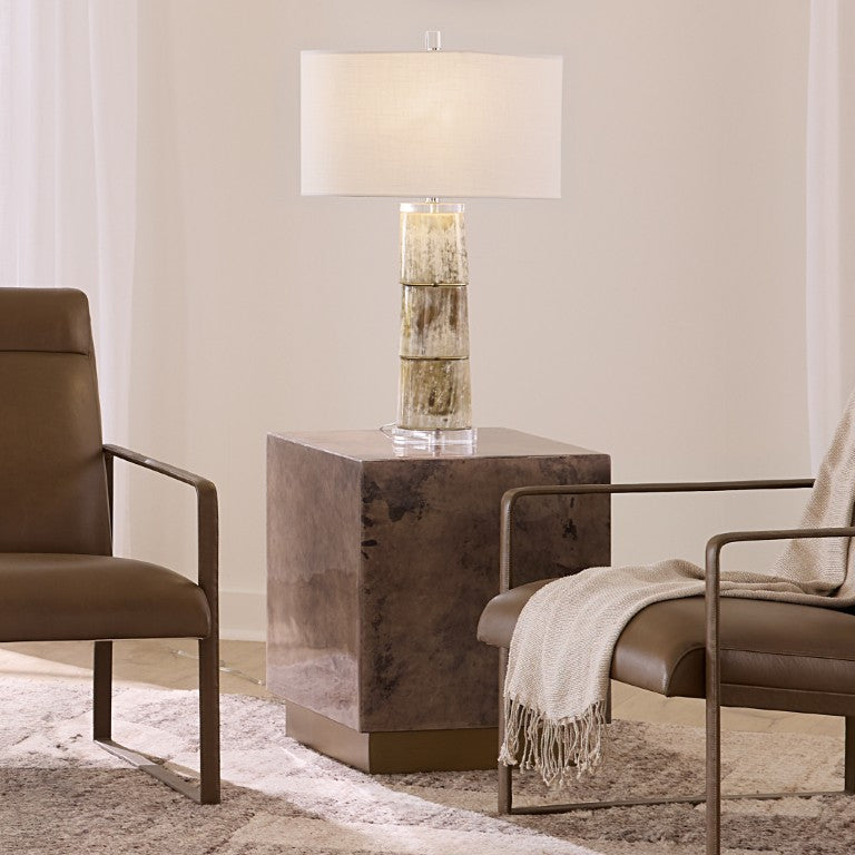 Jamie Young Co. Cube Vellum Side Table With Antique Brass Base, Multi-Tone Warm Grey Vellum, Luxe Accent Piece 21"H x 18"W x 18"D 20CUBE-STGV
