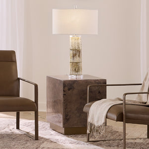 Jamie Young Co. Cube Vellum Side Table With Antique Brass Base, Multi-Tone Warm Grey Vellum, Luxe Accent Piece 21"H x 18"W x 18"D 20CUBE-STGV