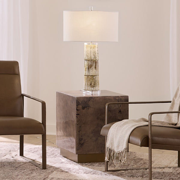 Jamie Young Co. Cube Vellum Side Table With Antique Brass Base, Multi-Tone Warm Grey Vellum, Luxe Accent Piece 21"H x 18"W x 18"D 20CUBE-STGV