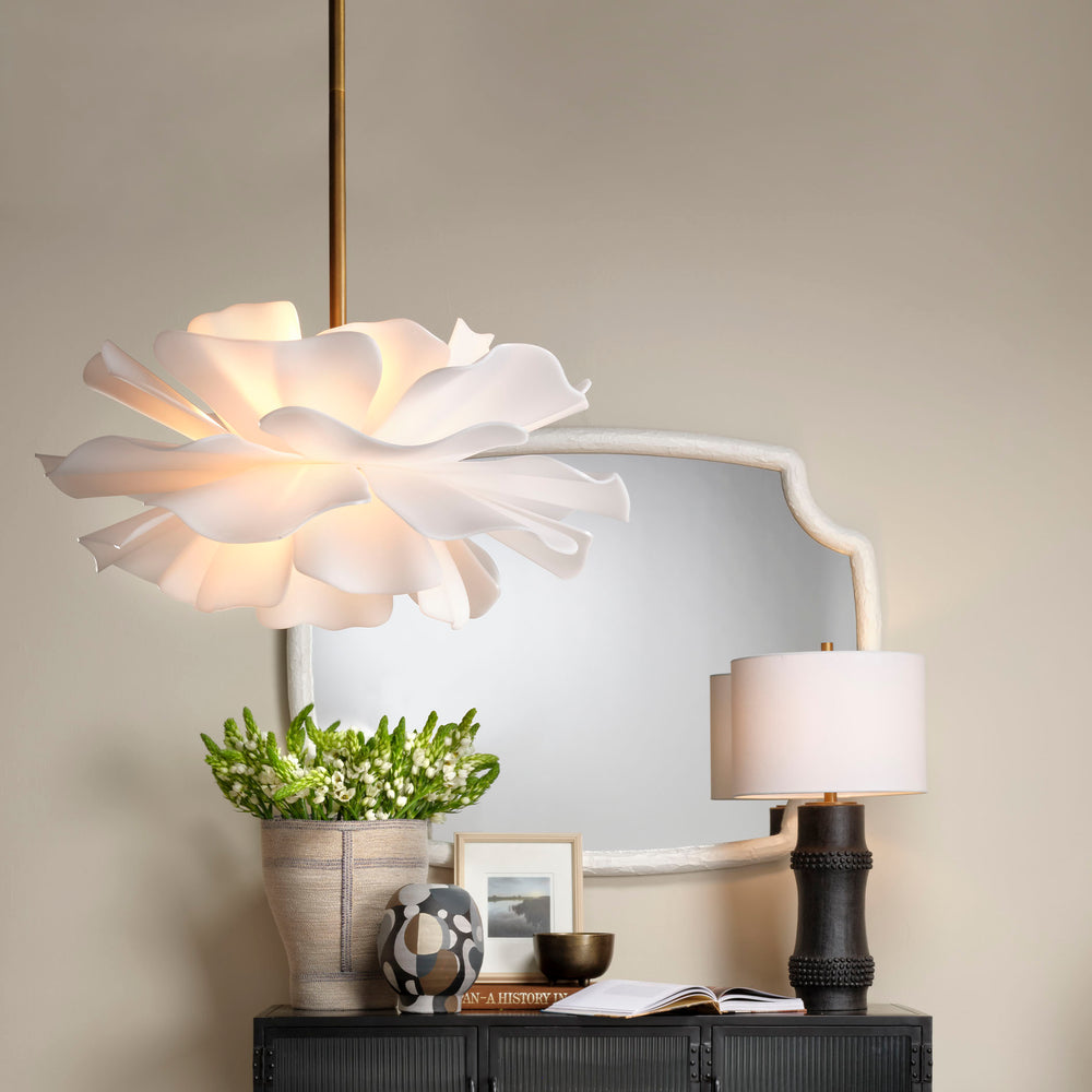 Jamie Young Co. Zinnia Frosted Acrylic Chandelier With Antiqued Brass Accents — Sculptural Petal Design, Dimmer Ready 18"H x 22"W x 22"D 5ZINN-CHSM