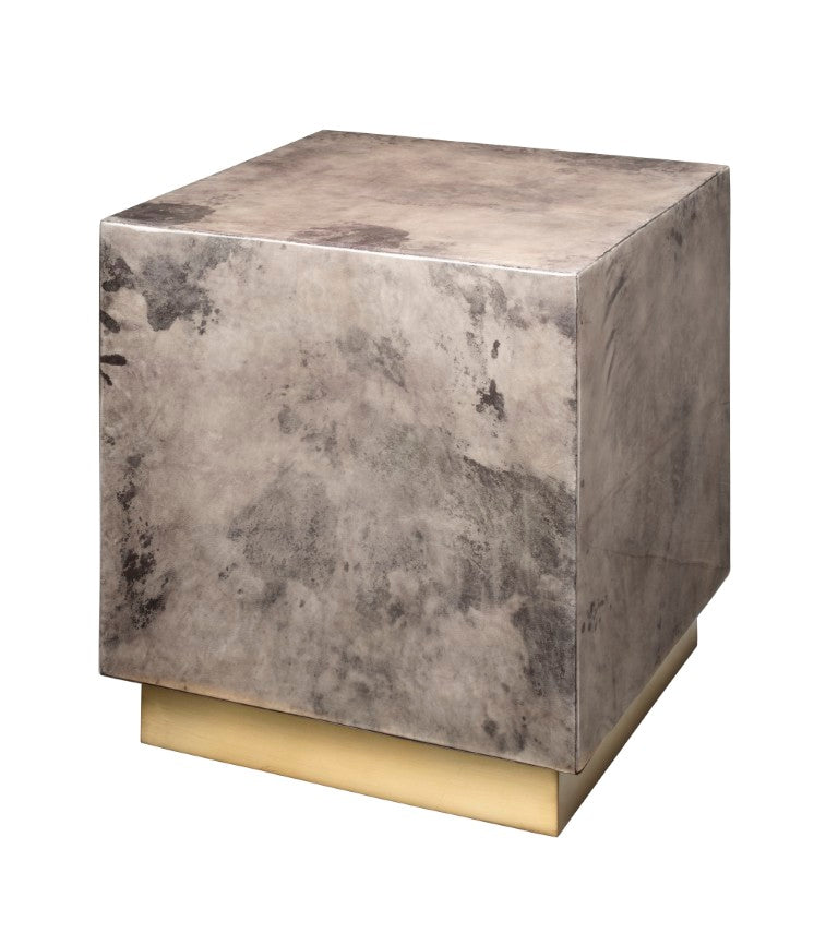 Jamie Young Co. Cube Vellum Side Table With Antique Brass Base, Multi-Tone Warm Grey Vellum, Luxe Accent Piece 21"H x 18"W x 18"D 20CUBE-STGV