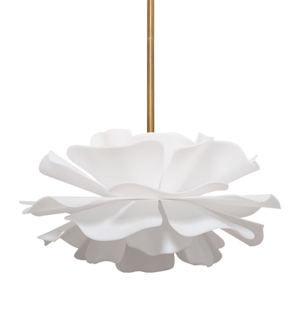 Jamie Young Co. Zinnia Frosted Acrylic Chandelier With Antiqued Brass Accents — Sculptural Petal Design, Dimmer Ready 18"H x 22"W x 22"D 5ZINN-CHSM